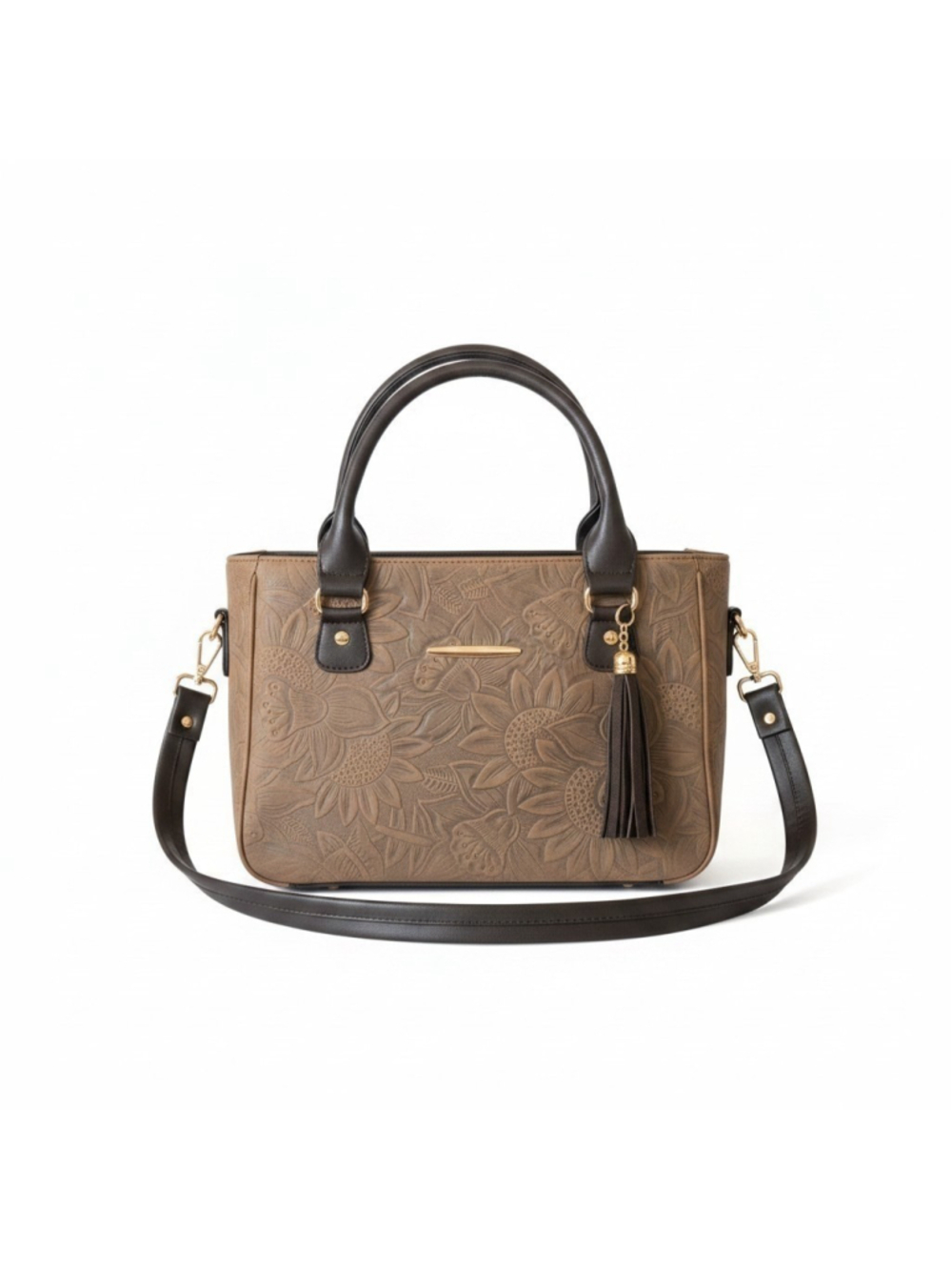 Milk Chocolate Brown Tasseled Sunflower Embossed Tooled Artisan LEATHER Purse - Picture 2 of 16